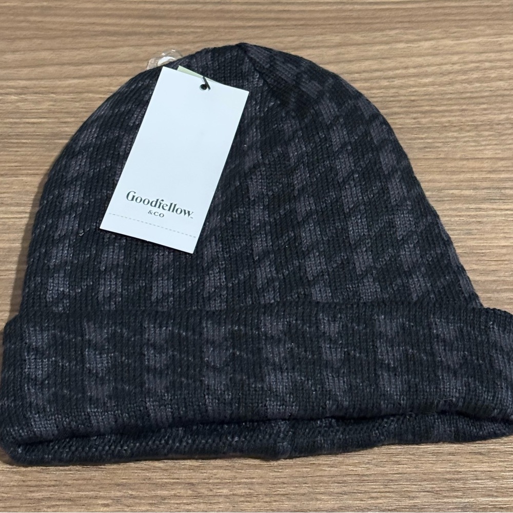 Men’s Houndstooth Beanie - Black & Grey - Goodfellow & Co